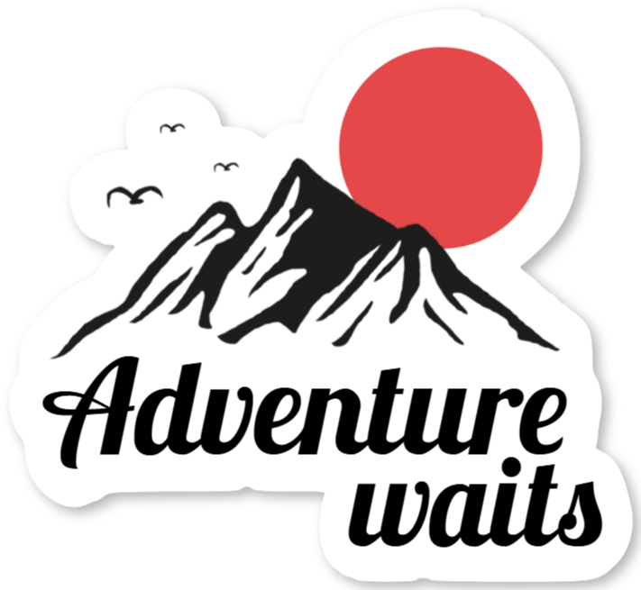 Adventure sticker with mountains and sun – Adventure waits